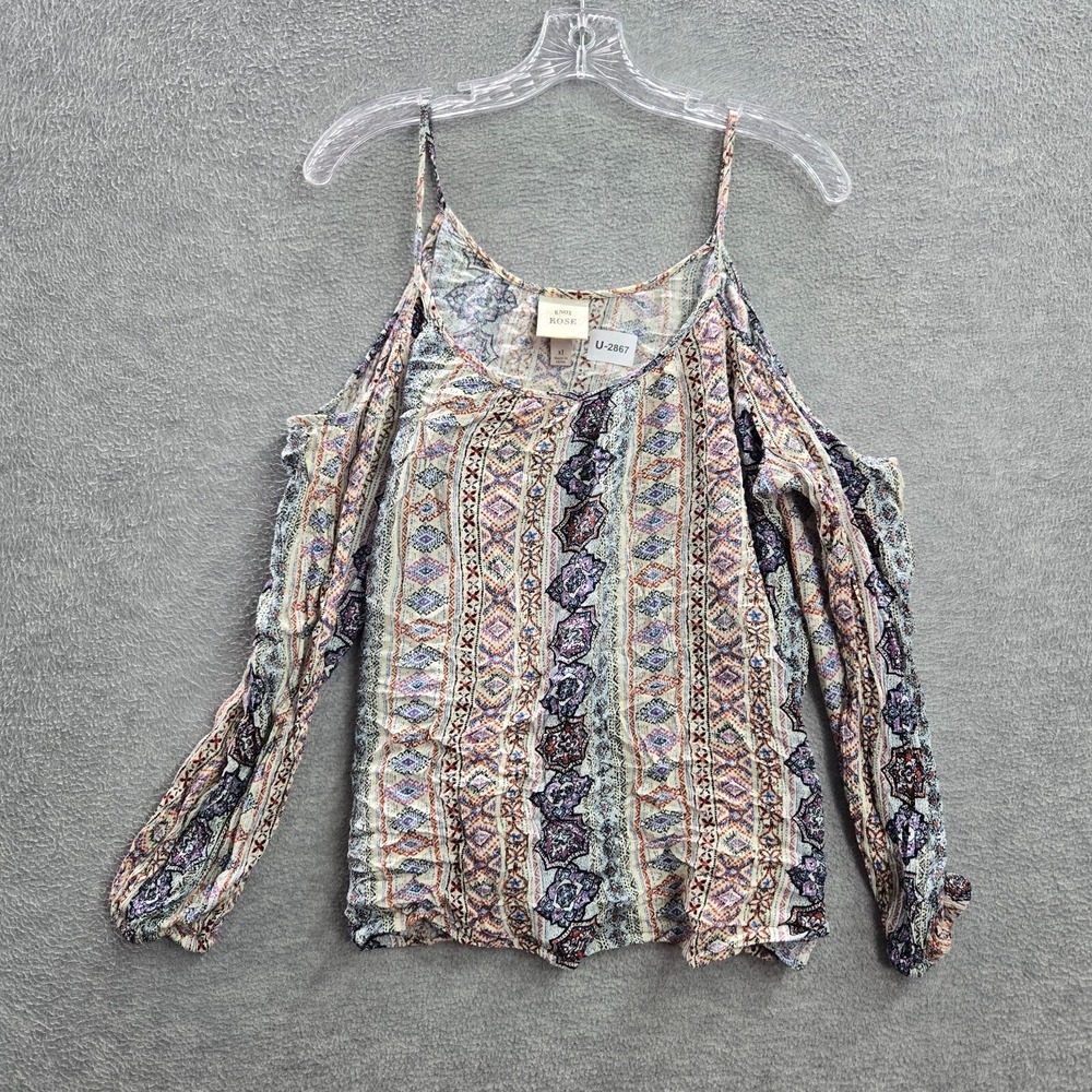 Knox Rose Women‎ Top 1x Blue Boho Blouse Cold Shoulder Long Sleeve